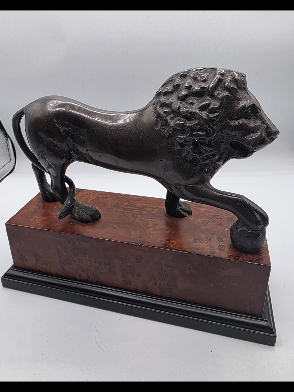 Vintage Bronze Finish Lion Sculpture on Wood Base - Brown